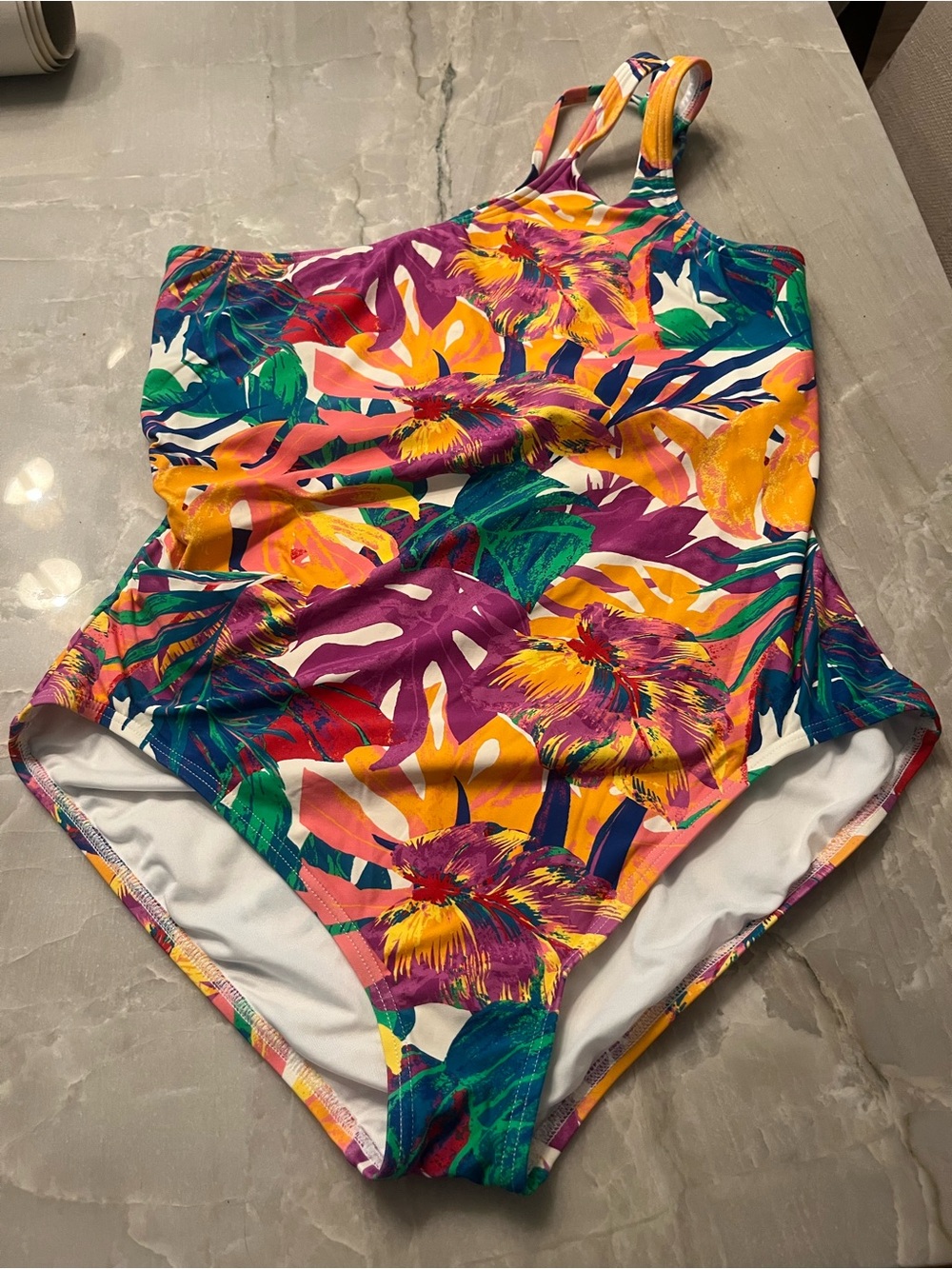 Soma One-Piece Swimsuit - Vibrant Tropical Print (Purple, Yellow, Green)